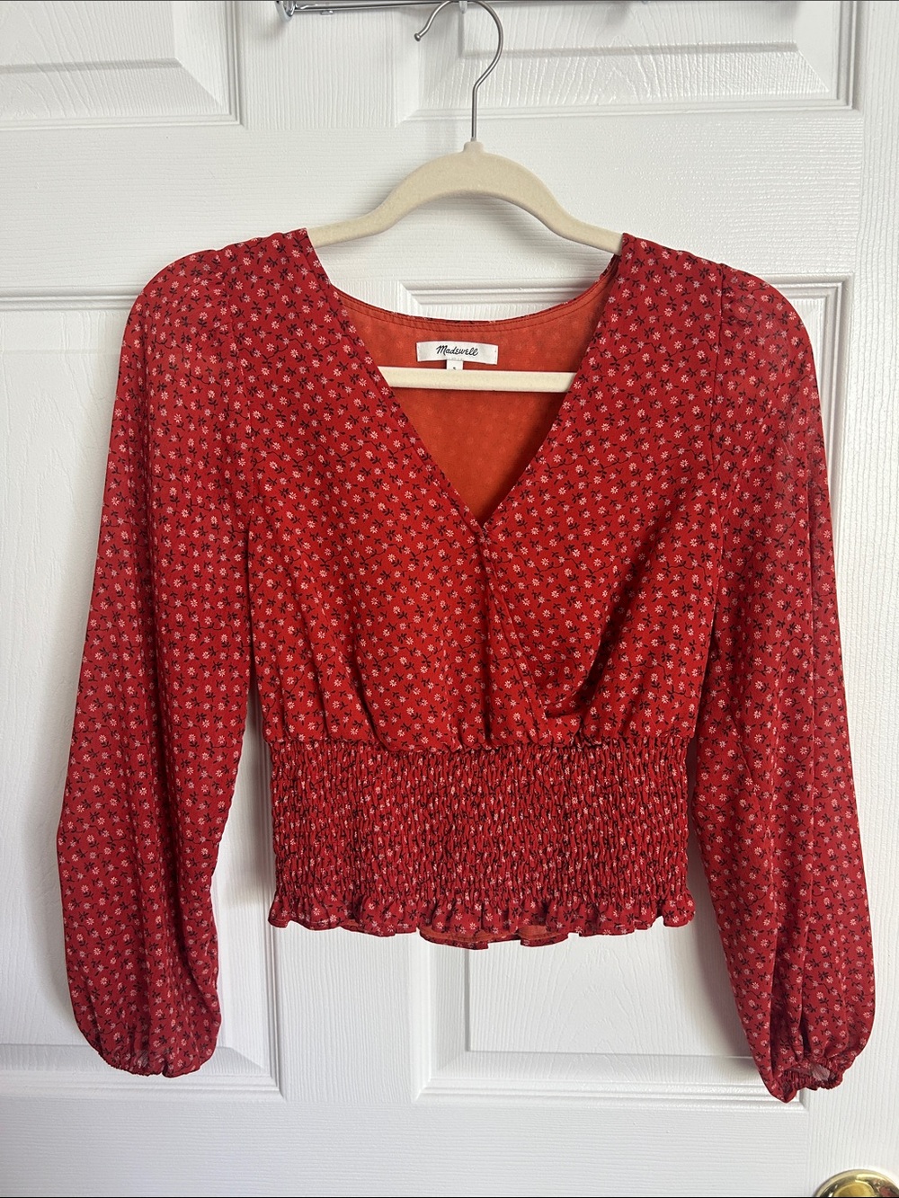 Madewell Red Floral Smocked Waist Blouse